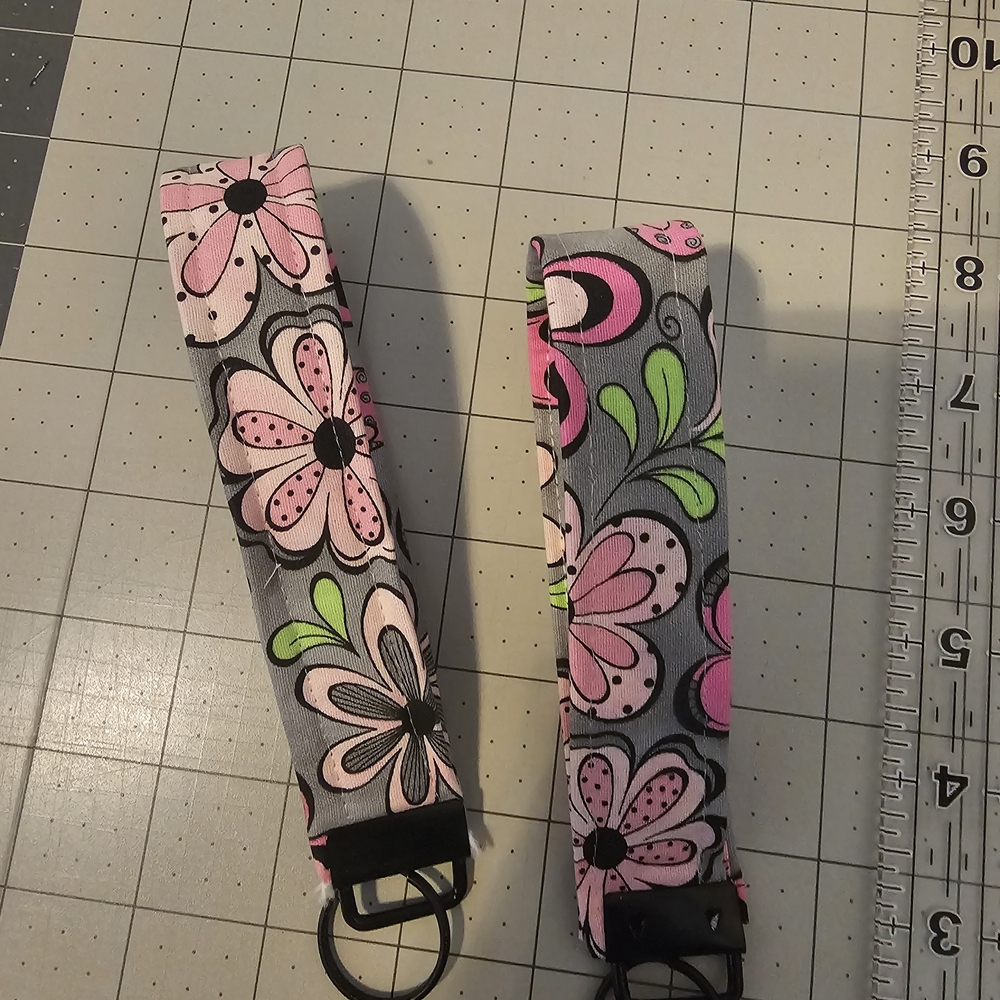 Floral Pink and Gray Wristlet Key Fob - Set of 2
